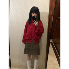 红色立领外套女学生秋季美式复古宽松休闲百搭棒球服短款夹克上衣