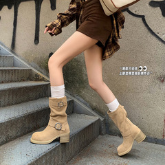可调皮带扣牛反绒西部牛仔靴2025秋冬粗高跟圆头真皮中筒靴子女41