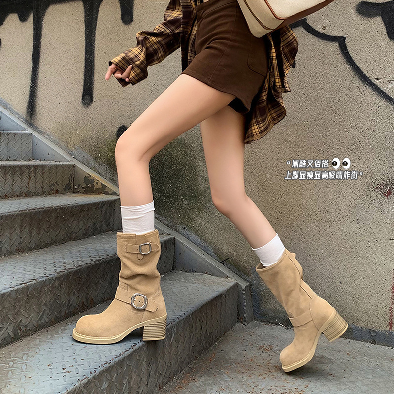 可调皮带扣牛反绒西部牛仔靴2025秋冬粗高跟圆头真皮中筒靴子女41|undefined