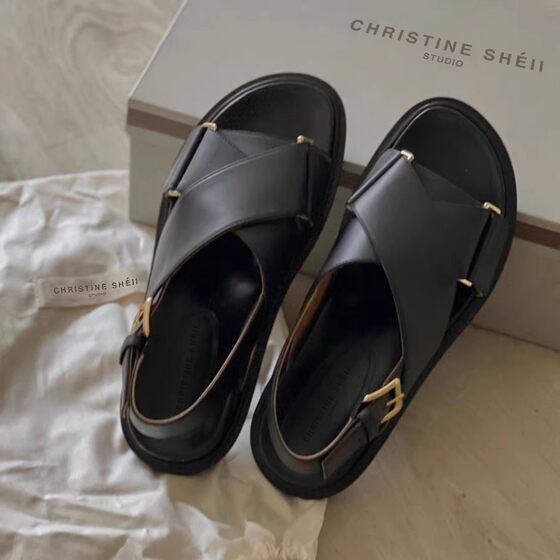 [sheii su yinyin] classic ~ imported fetal sheepskin cross-strap open-toe casual thick-soled Roman sandals for women in summer
