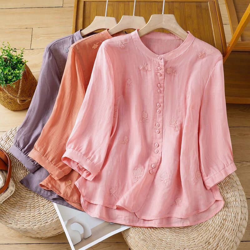 Stand Collar, Artistic Retro, Loose, Fashionable and Exquisite Embroidered Shirt for Women to Reduce Age, This Summer's New Three-Quarter Sleeve Shirt Stand Collar, Artistic Retro, Loose, Fashionable and Exquisite Embroidered Shirt for Women to Reduce Age, This Summer's New Three-Quarter Sleeve Shirt