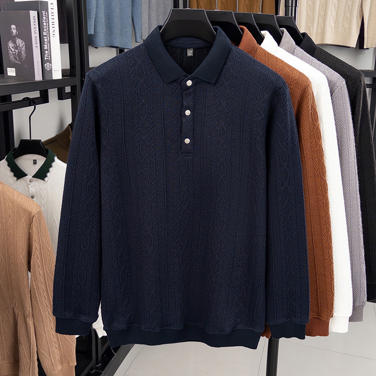 Otoño e invierno engrosado de manga larga de hombre con solapa polo nuevo jersey jacquard de punto de mediana edad hombre suéter simple