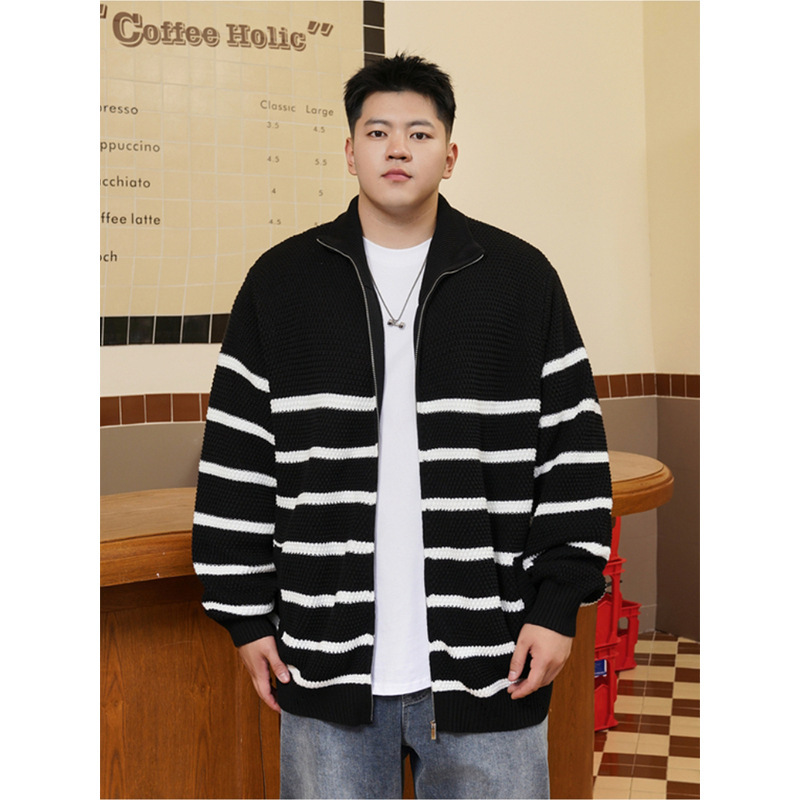 Striped Contrast Cardigan Sweater Men's Trendy Brand Autumn and Winter Fat Loose Plus Size Lazy Style Sweater