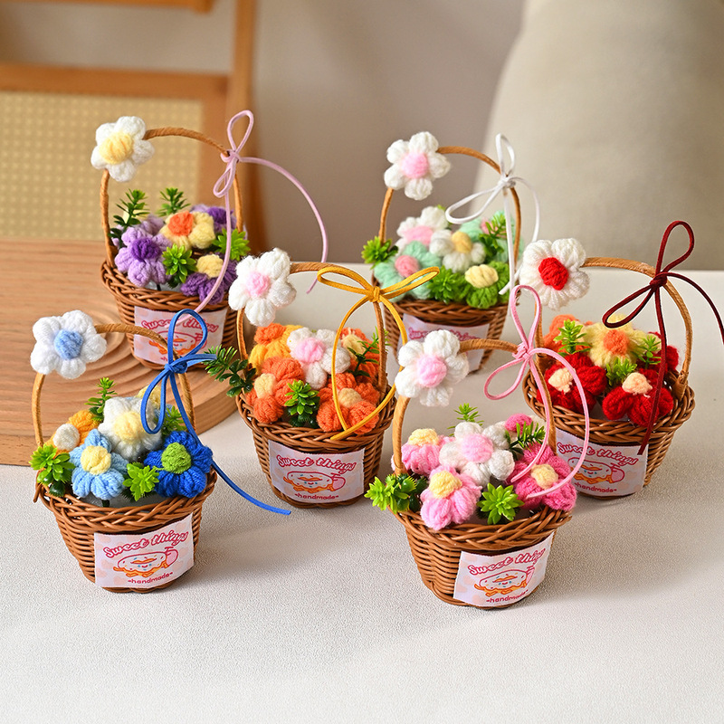 Mother's Day Gift Handmade Bouquet Knitted Yarn Flower Puff Small Flower Basket Small Bouquet Hanging Ornament Accessories Cross-Border Artificial Flowers