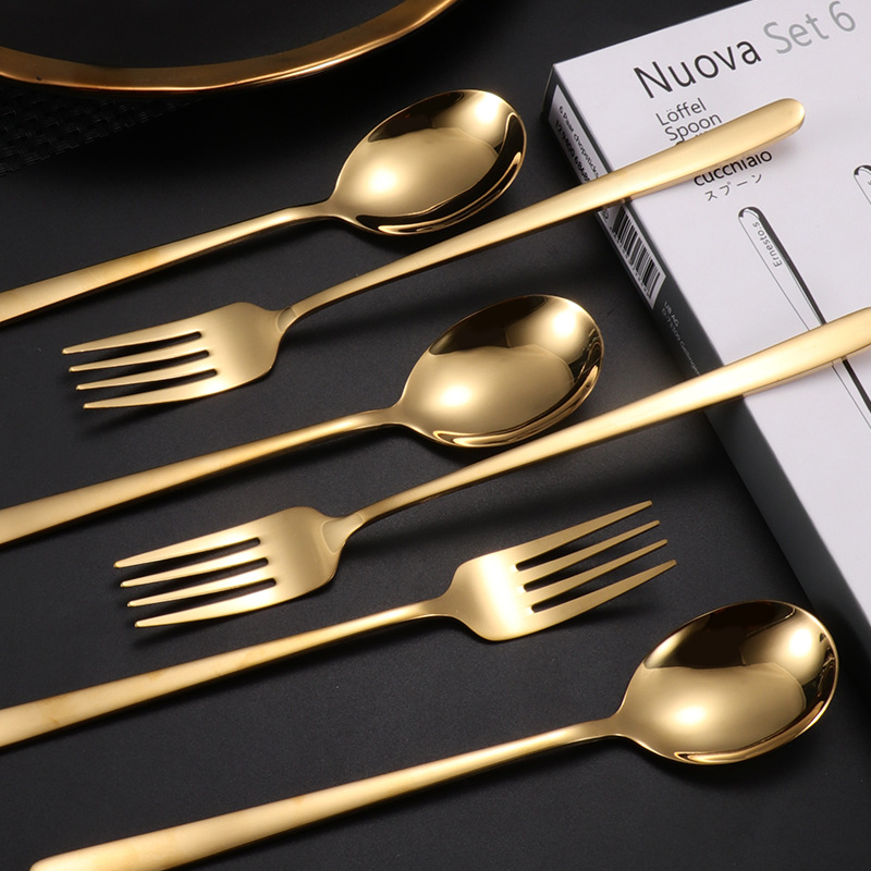 304 cuchara de acero inoxidable cuchara de postre coreano tenedor café mango largo cuchara mezcladora vajilla de acero inoxidable caja de regalo de 6 piezas