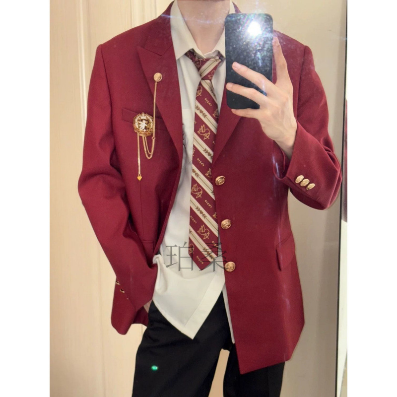 College Style Boys' Dk Suit Uniform Jacket Jk School Uniform Red Suit Student Cool Class Uniform Set Japanese Style