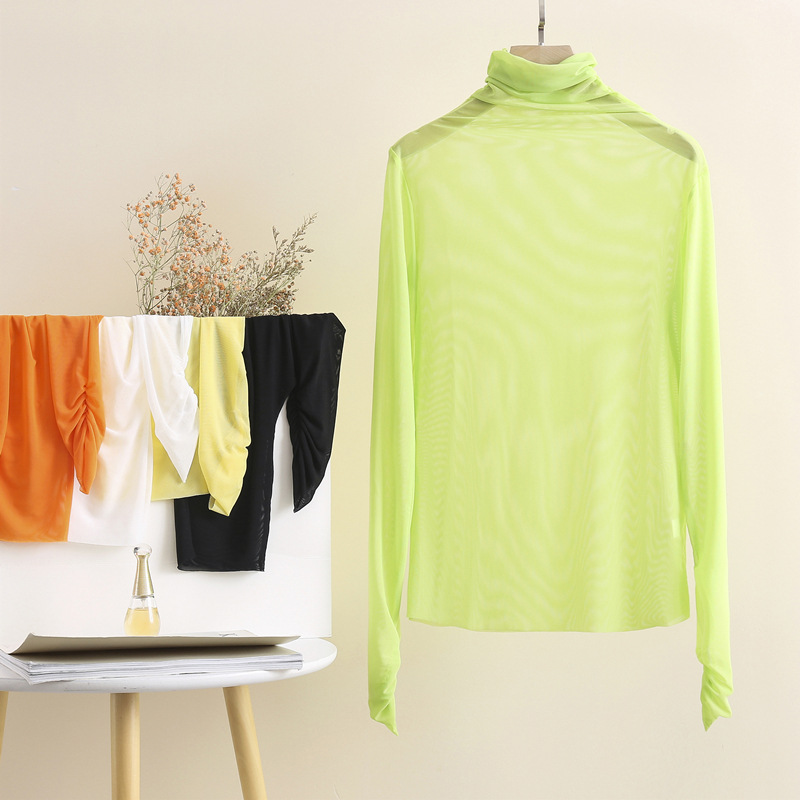 金韩泫雅风长袖糖果色网纱内搭打底衫冰丝T恤女夏透视防晒衣 包邮