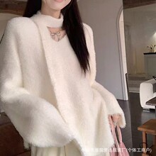 2025跨境冬季新款软糯仿貂绒毛衣女韩系宽松慵懒风V领针织衫