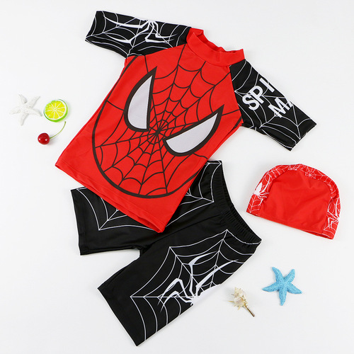 Cartoon three-piece set for children and boys split baby boy swimming trunks short-sleeved beach sun protection hot spring swimsuit wholesale