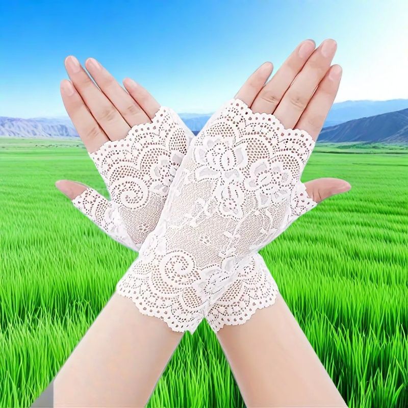 Sun Protection Gloves Women's Short Summer Thin Cycling Breathable Lace Touch Screen Ice Silk Electric Vehicle Gloves Wholesale Bride