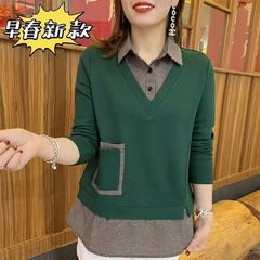 春と秋の新しい女性の上着は色を合わせて、ゆったりとした長袖のシャツがお腹を覆います。