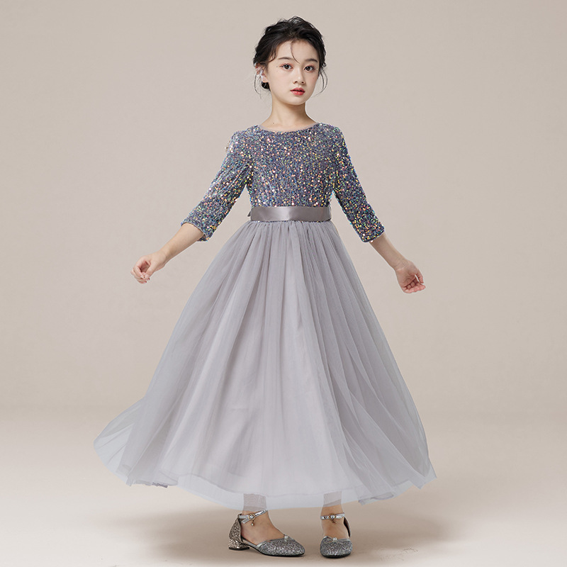 Vestidos para niños, vestidos de princesa de alta gama para niñas, vestidos de interpretación de piano gris, vestidos cortos de manga larga para niños