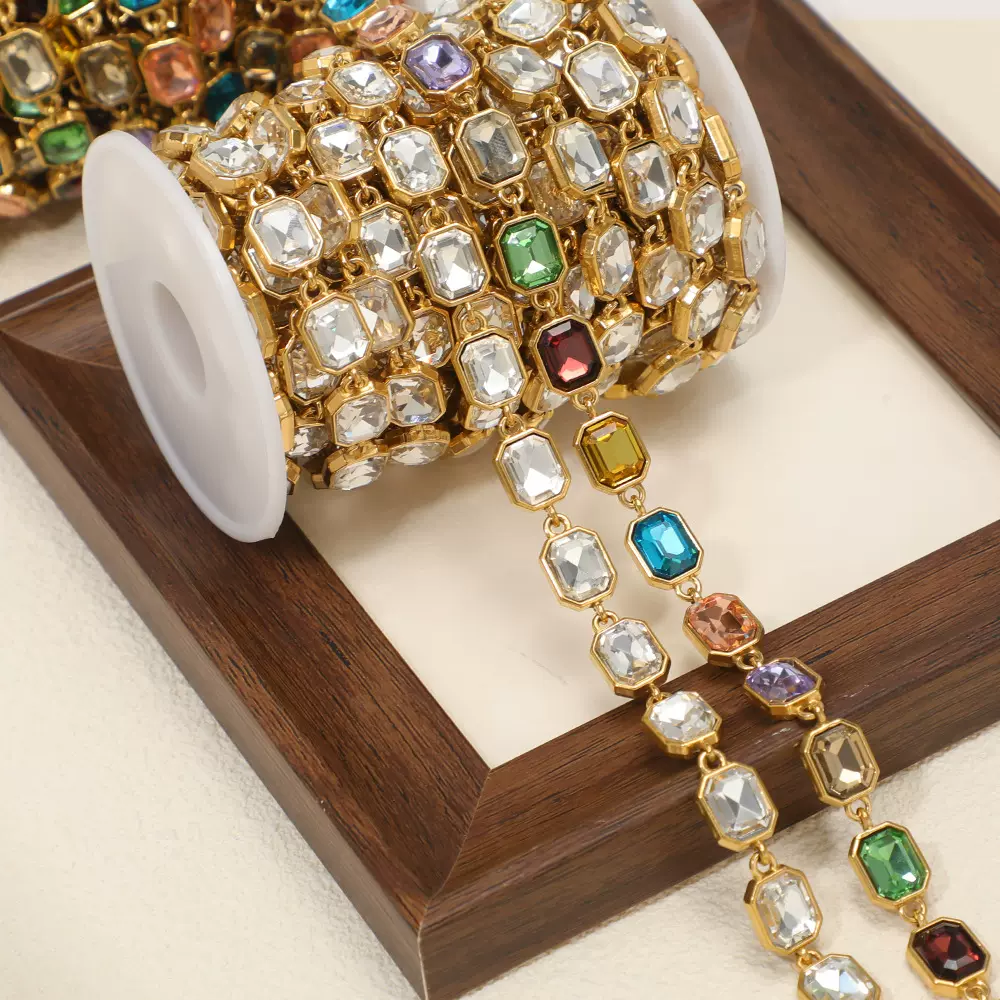 跨境欧美潮流不锈钢彩色方形锆石金色链条 diy时尚项链手链半成品