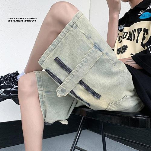 American-style cowboy shorts for men, Western and European high street vibe pants, trendy brand, wear-resistant work pants, oversized knee-length five-pocket pants