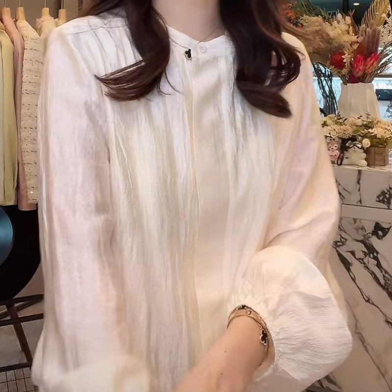 设计感纽扣纯色圆领衬衫女2025春秋爆款洋气优雅风外穿长袖衬衣|undefined