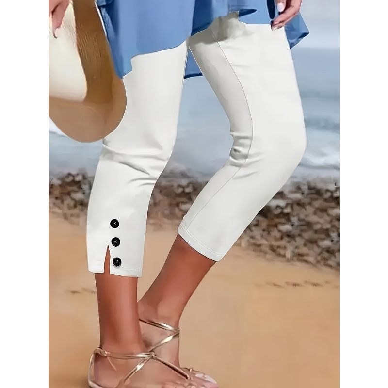 2025 New Cross-Border European and American Style Women's Fashionable Solid Color Capri Pants with Button Details