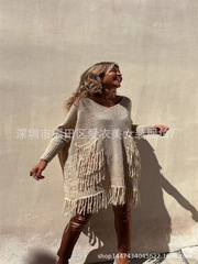 2025秋冬欧美亚马逊eBay跨境新款女装时尚V领宽松流苏针织毛衣3色