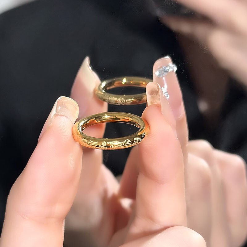 TikTok Little Red Riding Book Hot-selling Very Thick Aperture Wanfu Jinfu Character Ring Niche All-match High-end Simple Couple Ring