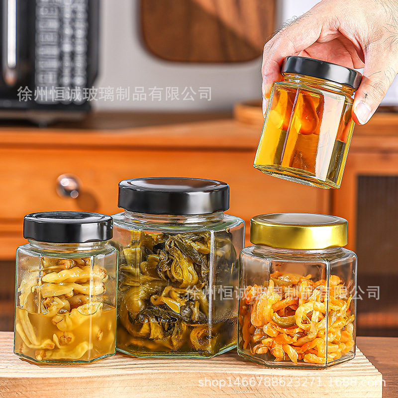高盖六棱玻璃瓶六角蜂蜜瓶子一斤酱菜瓶罐头瓶可蒸煮果酱燕窝瓶带