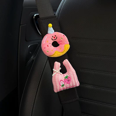 Seatbelt Decoration, Anti-Wear Clothing, Seat belt shoulder pad - pink-sweetheart-donut-pink-stripe-strawberry-puppet-bag-black-shoulder-pads