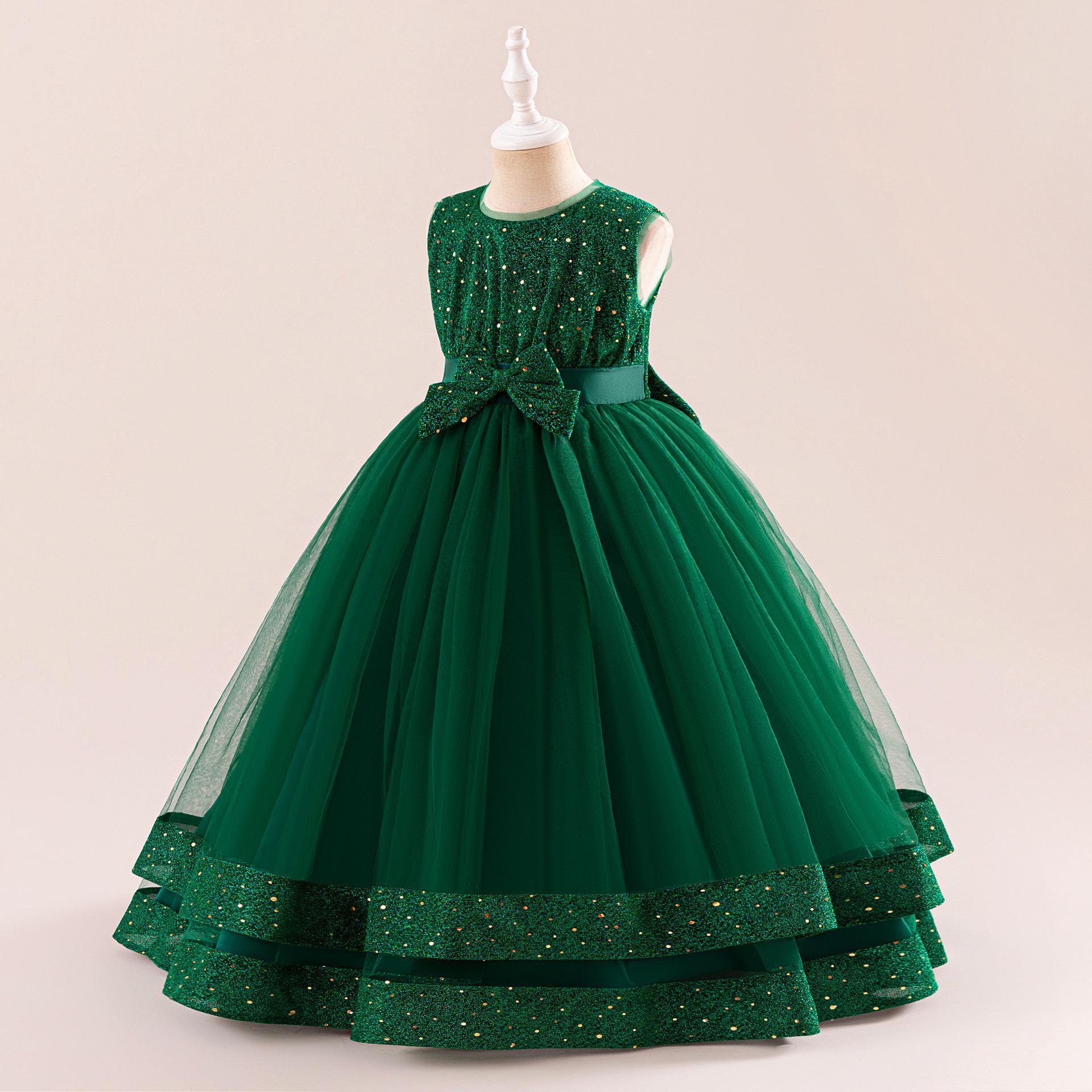 Nuevo vestido de noche de niñas transfronterizas vestido de princesa de navidad vestido de presentación vestido de arco de sequillas