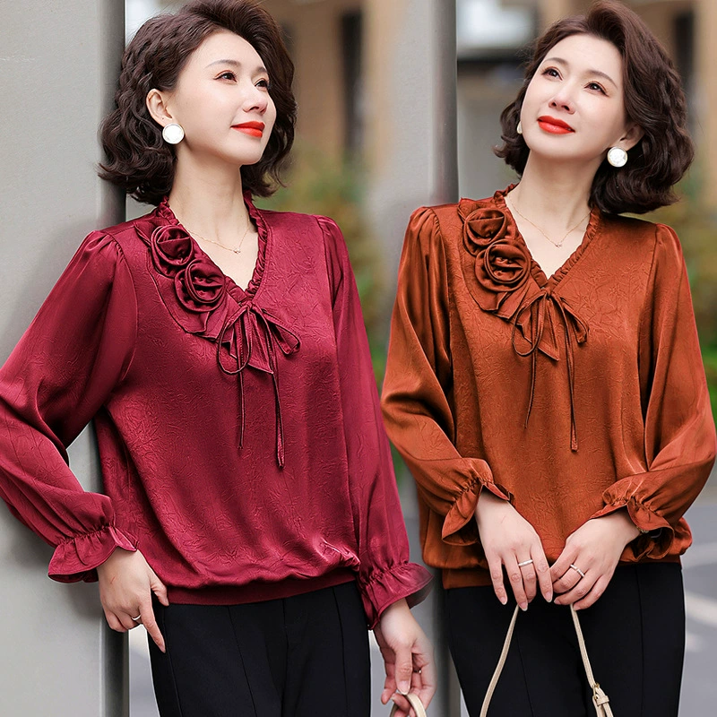 Физические оптовые весенние новые модные футболки с длинными рукавами мама 45 лет женщины среднего возраста с V-образным вырезом