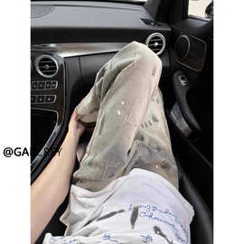 美式泼墨扎染牛仔裤男秋季薄款美式高街水洗做旧直筒修身显瘦裤子