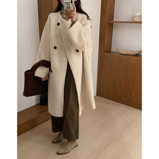 2024 autumn and winter high-end trendy thickened and warm Korean style loose double-breasted coat fur one-piece long coat