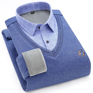 Autumn and Winter fleece-lined thickened fake two-piece men's long-sleeved shirt collar pullover warm casual sweater sweater sweater