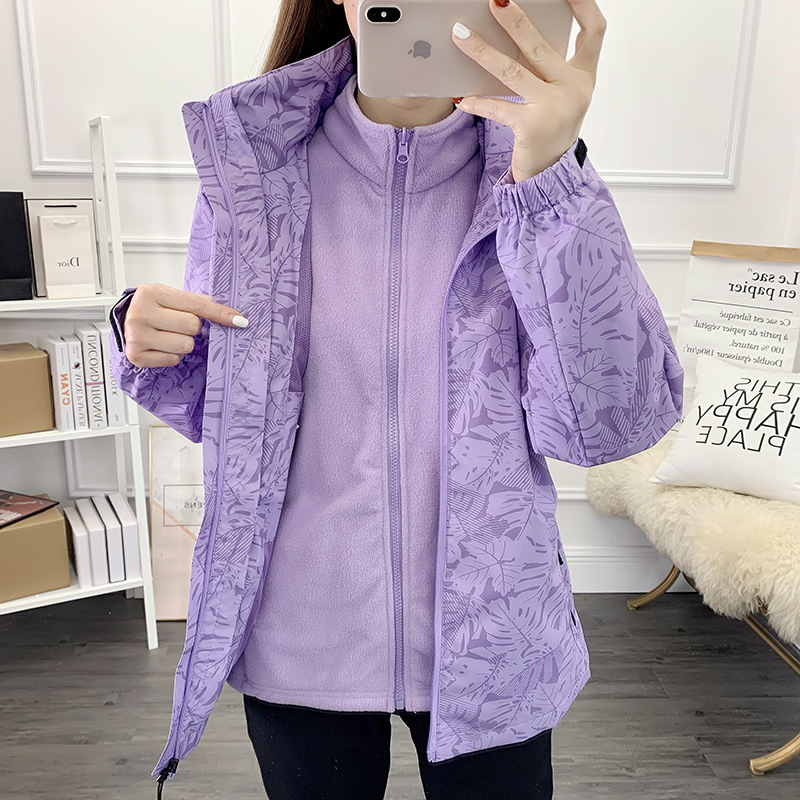 女式户外三合一冲锋衣女可拆卸两件套冬季加厚防风迷彩加绒外套