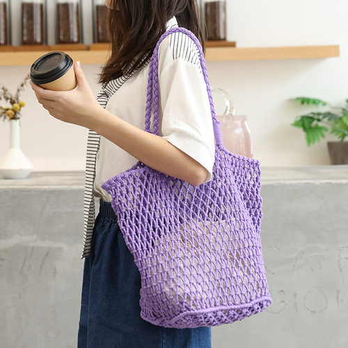 Korean style casual literary bucket bag ins fashion hollow canvas mother-in-law bag internet celebrity cotton thread woven shoulder bag for women