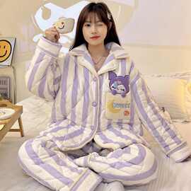 冬季新款三层夹棉袄加绒加厚保暖翻领可爱睡衣女士家居服套装外穿