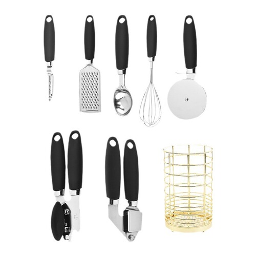 Manufacturer wholesale stainless steel kitchen tool set can opener pizza cutter egg beater peeler kitchen utensils 8-piece set
