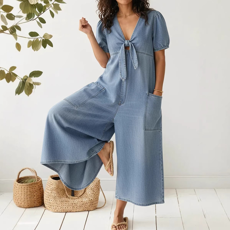 Directly Supplied from the Manufacturer to Amazon in Europe and America, New Spring and Summer Women's Casual Loose Short-Sleeved V-Neck Denim Jumpsuit Directly Supplied from the Manufacturer to Amazon in Europe and America, New Spring and Summer Women's Casual Loose Short-Sleeved V-Neck Denim Jumpsuit