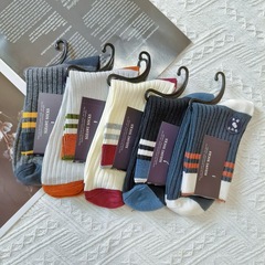 新款男士拼色雙針襪子秋冬加厚保暖中筒棉襪日系潮流男襪諸暨批發