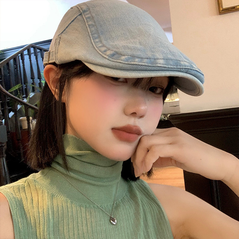 Korean Style Retro Denim Forward Hat Women's Summer All-match Washed Old Big Head Showface Small Bailey Hat Big Face