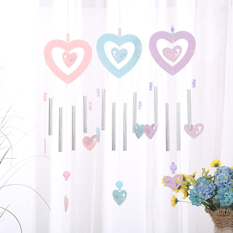 TO81一4双心金属管木质风铃 家居装饰吊饰挂件创意生日祝福礼物|ms