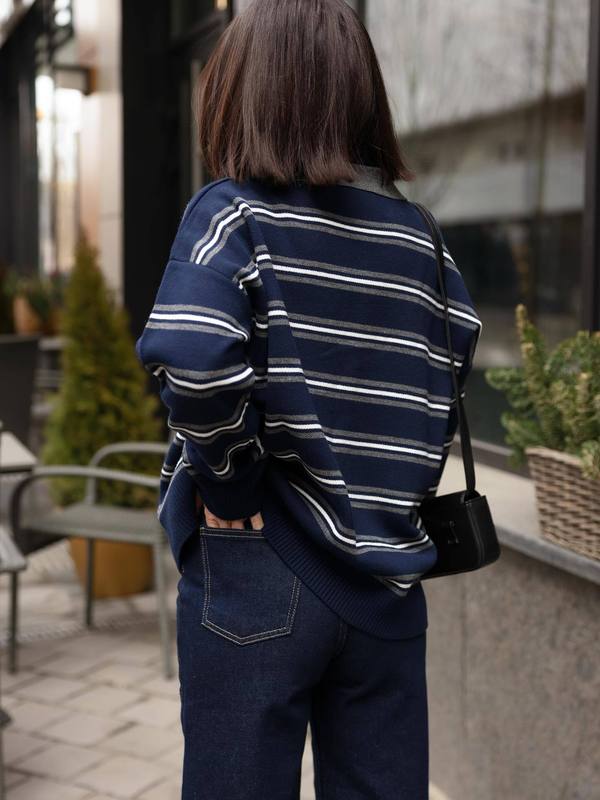 跨境欧美新款时尚条纹针织衫女批发美式复古宽松慵懒翻领套头毛衣|undefined