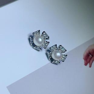 S925 silver needle freshwater pearl earrings small flower zircon earrings 2024 new five petal flower 6-7mm earrings