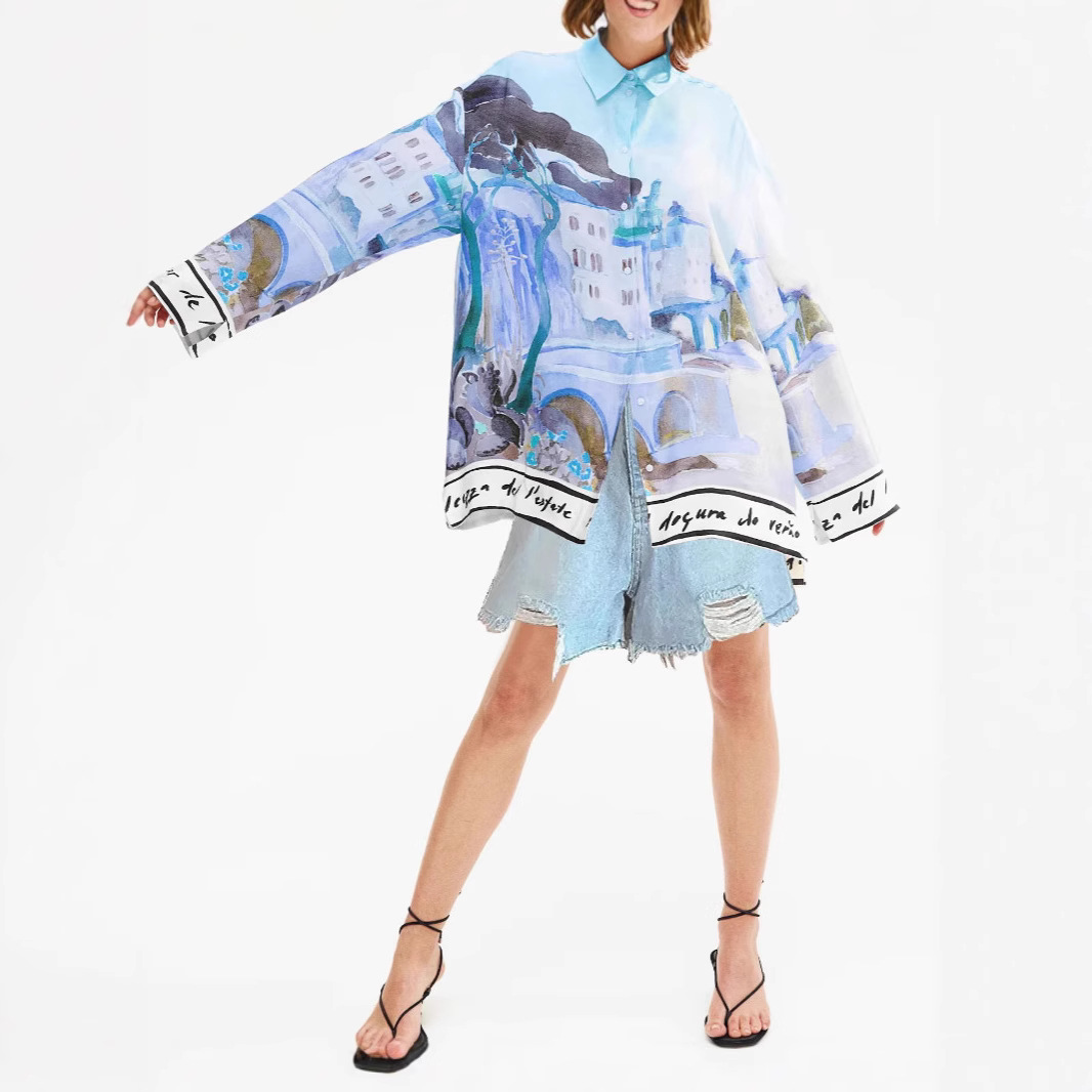 Women's 2025 New Cross-Border Export Printed Shirt Lapel Long-Sleeved Fashionable Seaside Sun Protection Cool Vacation Top