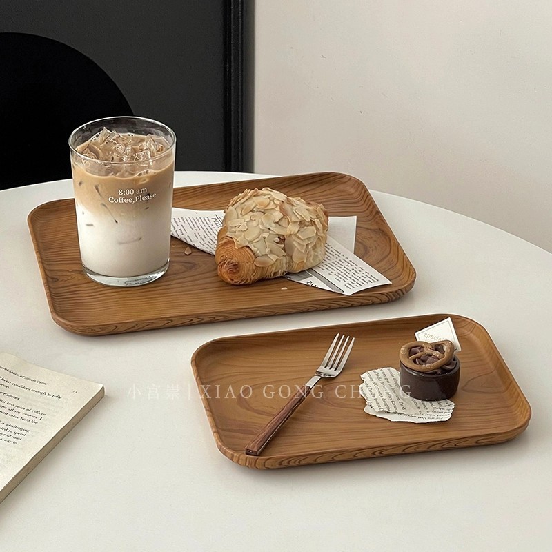 Ins Style Imitation Wood Grain Plastic Tray Rectangular Tea Tray Dinner Tray Cafe Dessert Tray Cake Tray Snack Tray