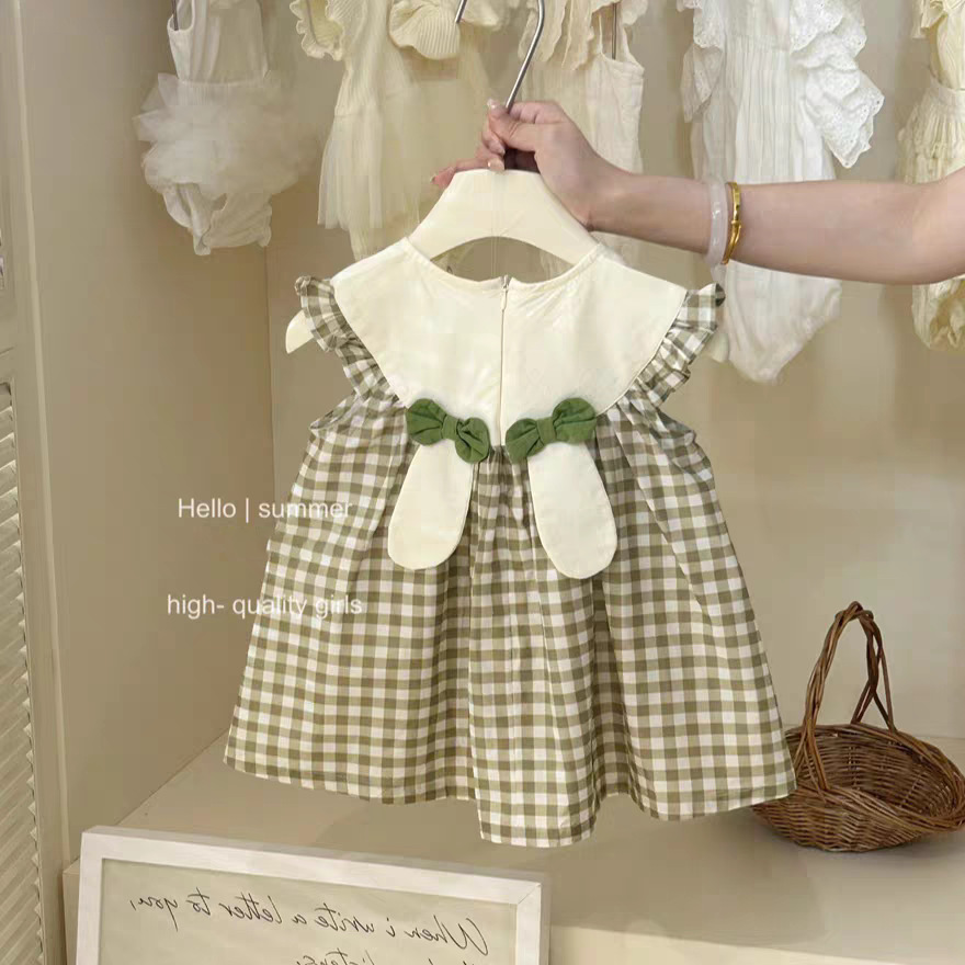 Xianning siete niñas 25 verano nuevo estilo conejo verde falda a cuadros vestido de estilo occidental para bebés falda de princesa coreana marea