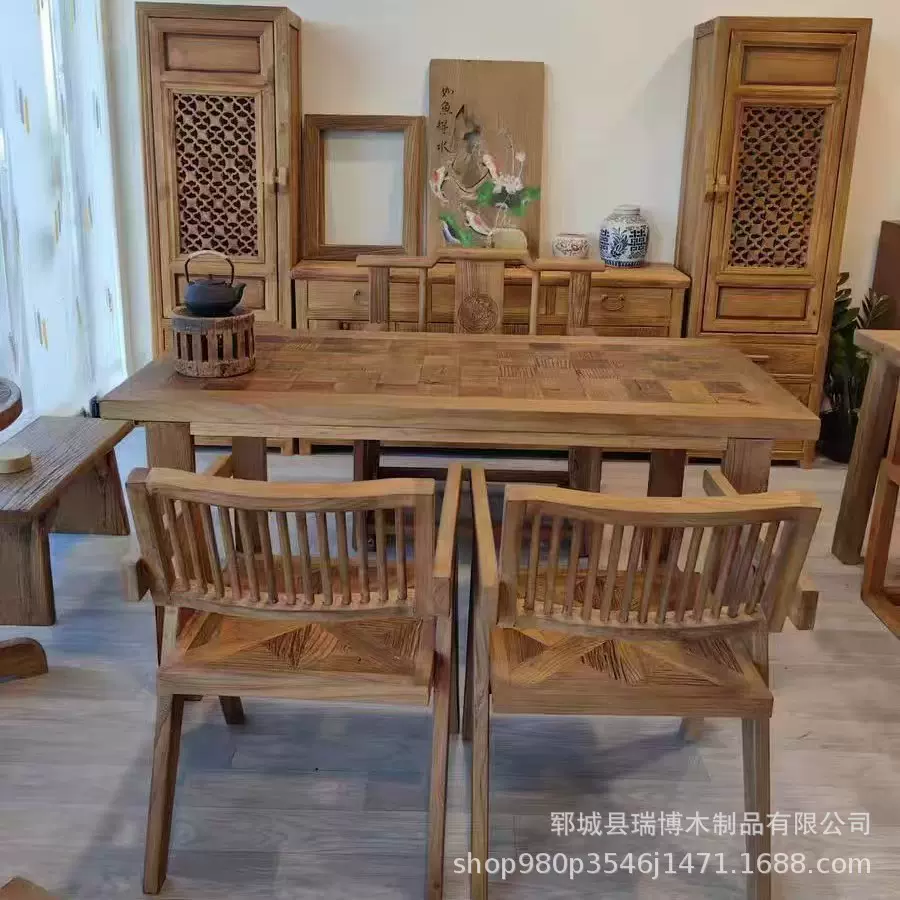 复古老榆木餐桌民宿木质现代简约休闲桌家用实木多用方形茶桌