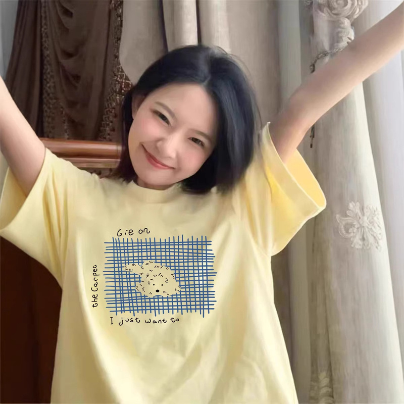 Cross-Border Overseas Orders 100% Pure Cotton Short-Sleeve T-Shirt for Women, American Style, Regular Shoulder, Loose Half-Sleeve Design, Stylish Top