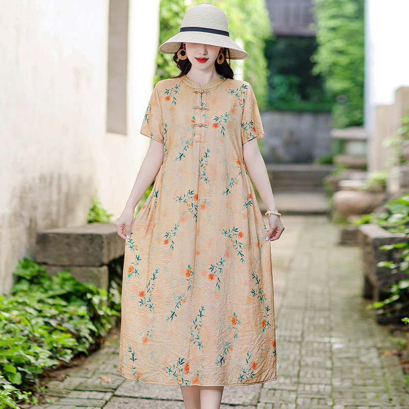 New Chinese-Style Buttoned Dress for Women 2026 New Spring and Summer Style for Middle-Aged Moms, Elegant and Stylish Plus-Size National Style Dress