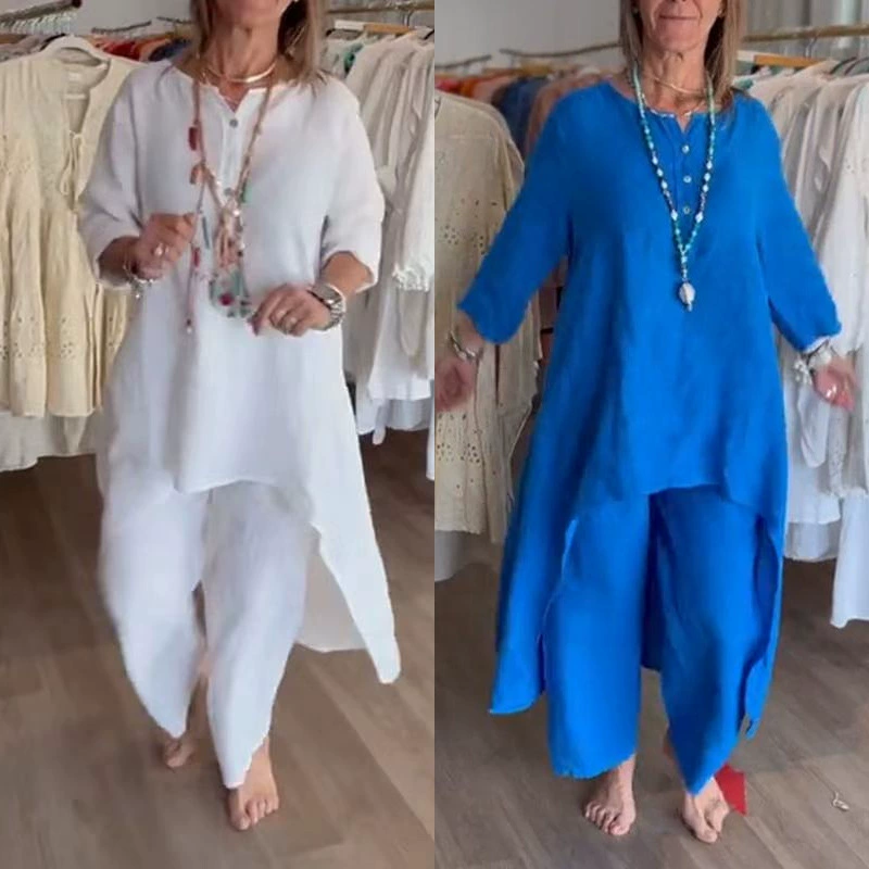 Специальное предложение по распродаже на складе европейской и американской трансграничной независимой станции AliExpress повседневный костюм-двойка из хлопка и льна с длинными рукавами