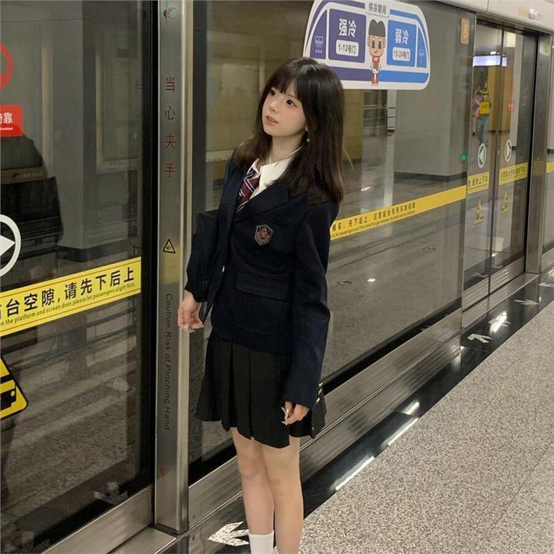 原创jk西装制服外套秋冬春秋黑色学院小个子套装西服校供上衣|undefined