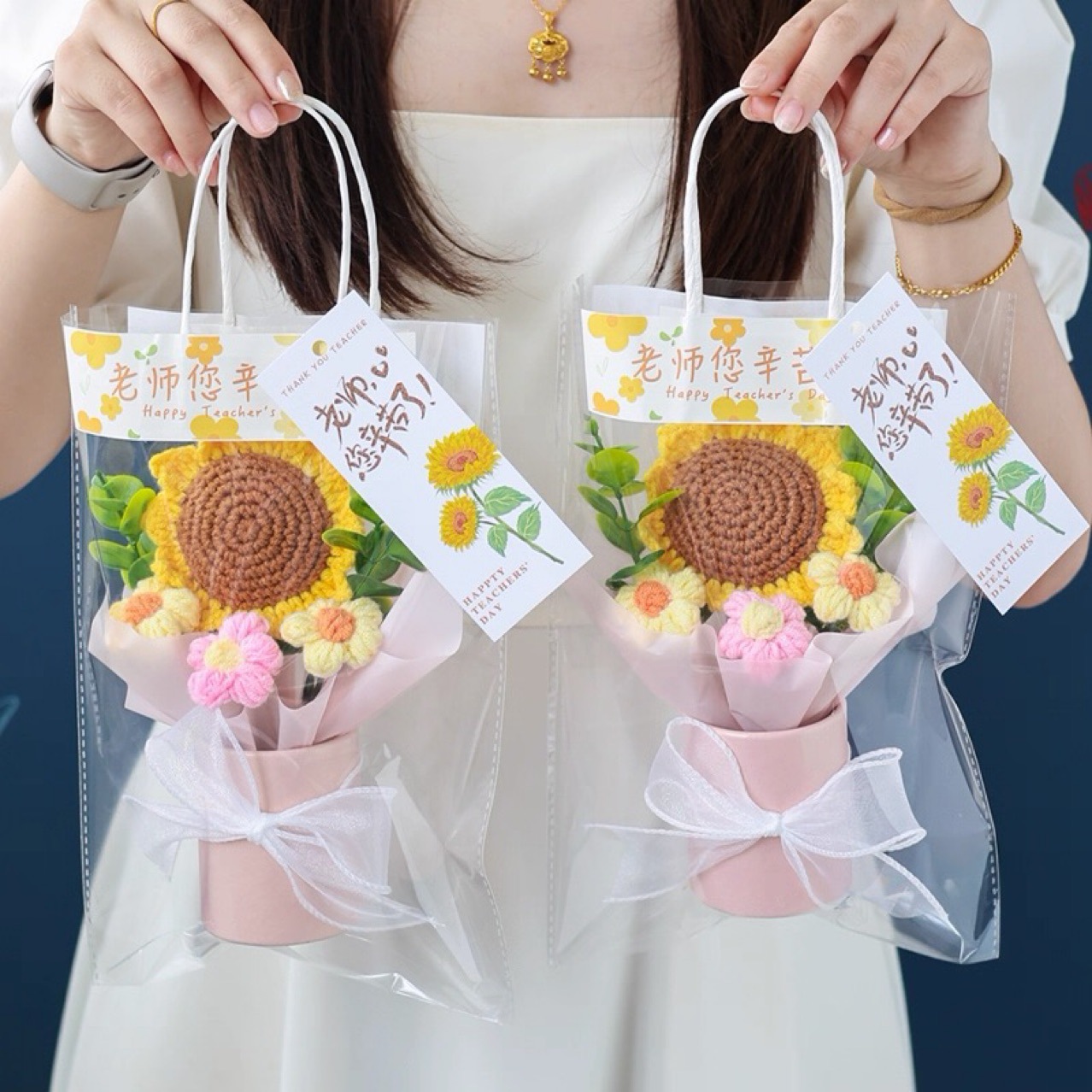 Gasoles trenzados de lana, productos acabados, lindos regalos de flores simuladas para el día del maestro, maestros trenzados ramo