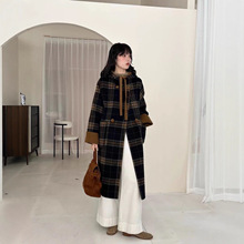 抽绳连帽格子2025秋冬新款双面羊绒大衣女韩系中长款休闲百搭外套