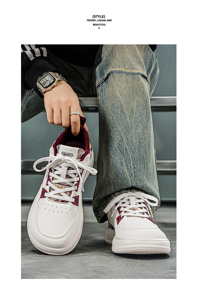 Giày sneaker cổ thấp mũi tròn rộng, đế dày tăng chiều cao, mặt da chống nước, dây buộc — Bạch tửu đỏ 8811, Trắng kaki 8811, Trắng đen 8811 chi tiết 25